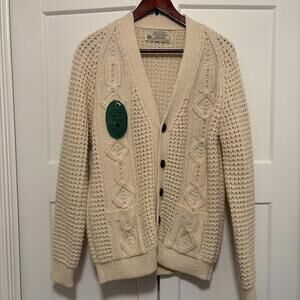 New Blarney Woolen Mills Daire V Neck Aran Irish Knit Cardigan Mens Sz 42 Small